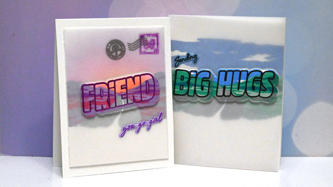Two greeting cards with bright colours and a vellum overlay