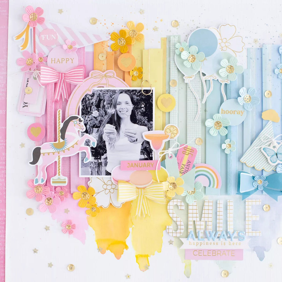 How to Create a Rainbow Scrapbook Layout with Die Cuts and Dimension