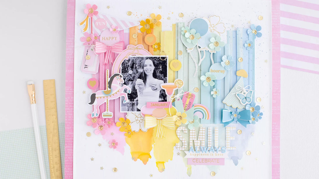 How to Create a Rainbow Scrapbook Layout with Die Cuts and Dimension