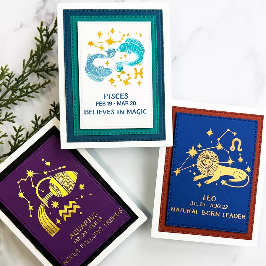 Spellbinders Block Print Zodiacs: Hot Foiling & BetterPress Birthday Cards
