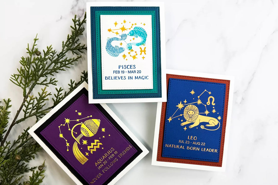 Spellbinders Block Print Zodiacs: Hot Foiling & BetterPress Birthday Cards