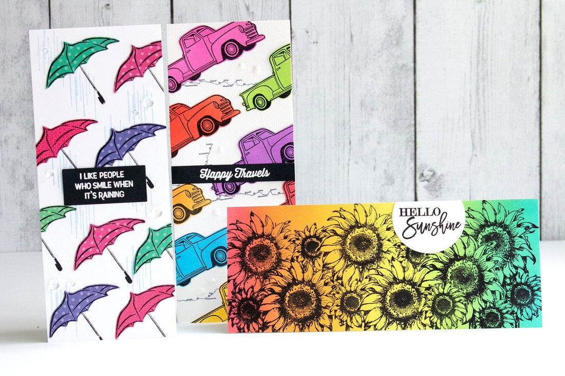 Cardmaker Stamp Collection – A Trio of Colorful Slimline Cards by Jean