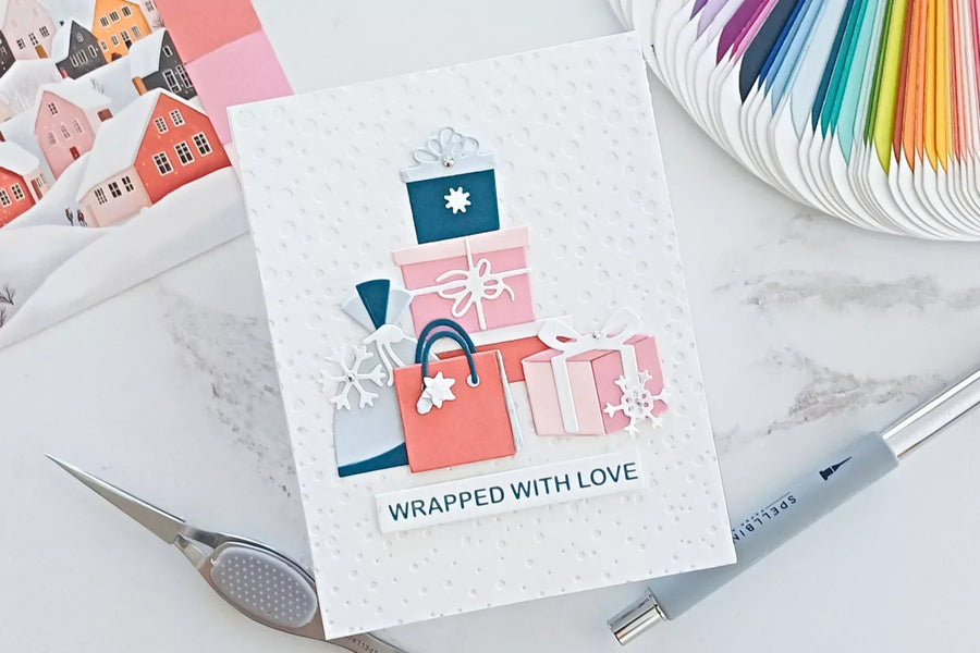 Gift Boxes Christmas Card Tutorial with Gift Boxes and Bags Etched Dies