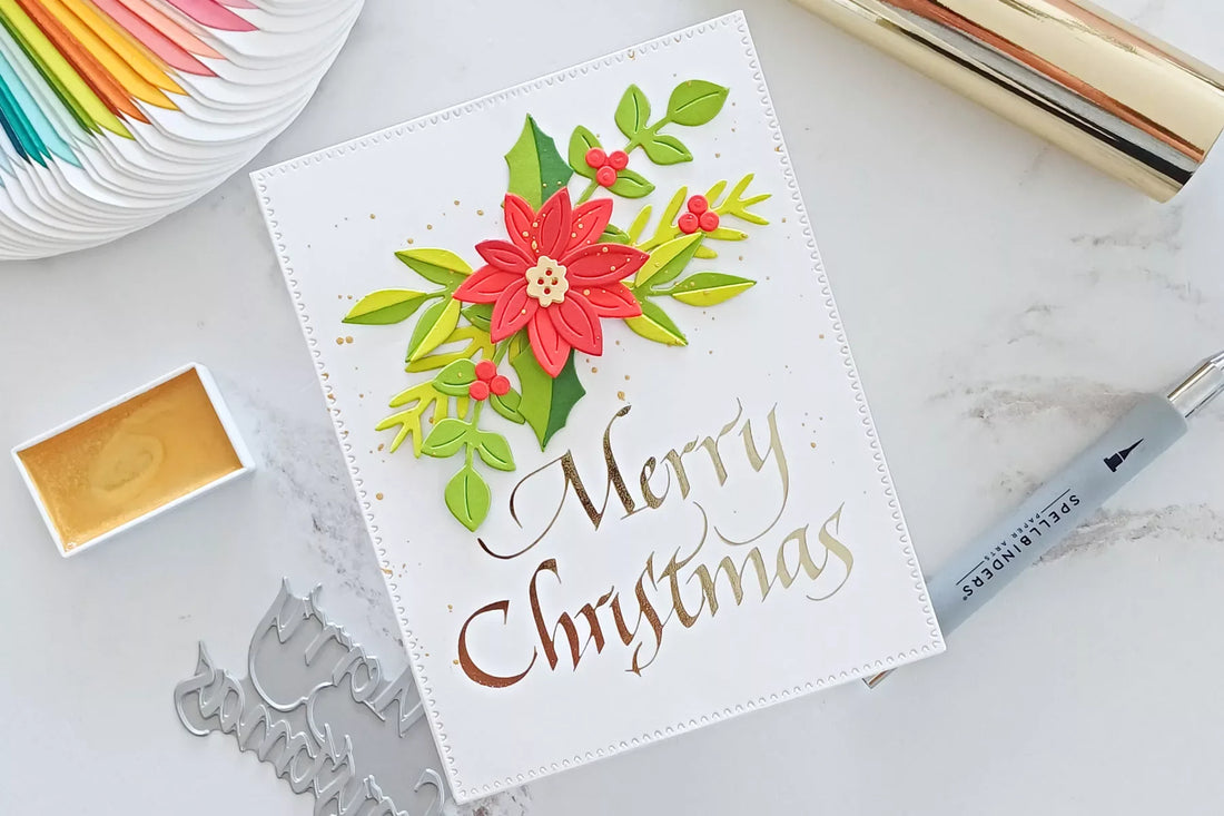 Elegant Foiled Merry Christmas Card with a Poinsettia | Step-by-Step Tutorial