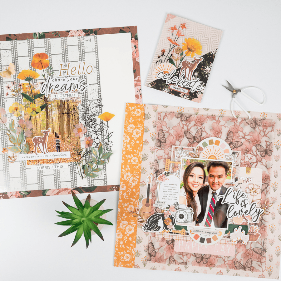 2 Layouts and a Card Using Golden Afternoon by Rosie’s Studio
