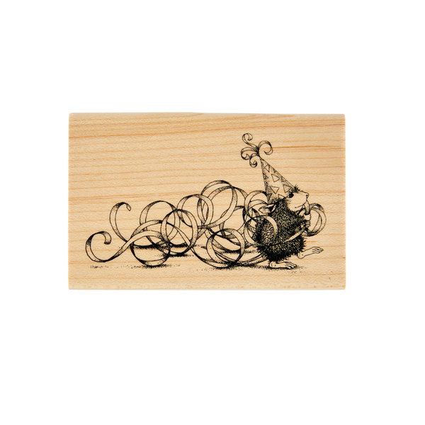 House-Mouse Party Streamers Wood Mount Stamp